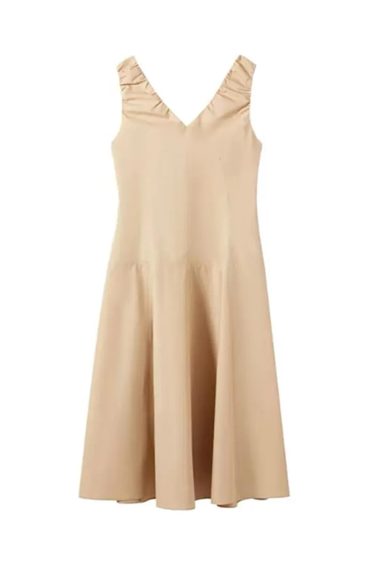 여성용 뉴카키 오피스 민소매 브이넥 드레스